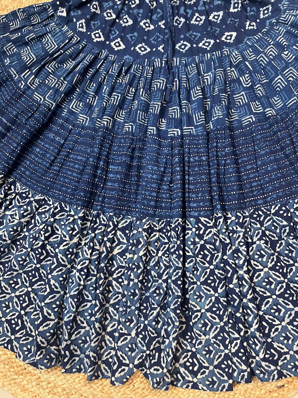 Ajrakh Tiered Rayon Blue Ginni Indian Skirt