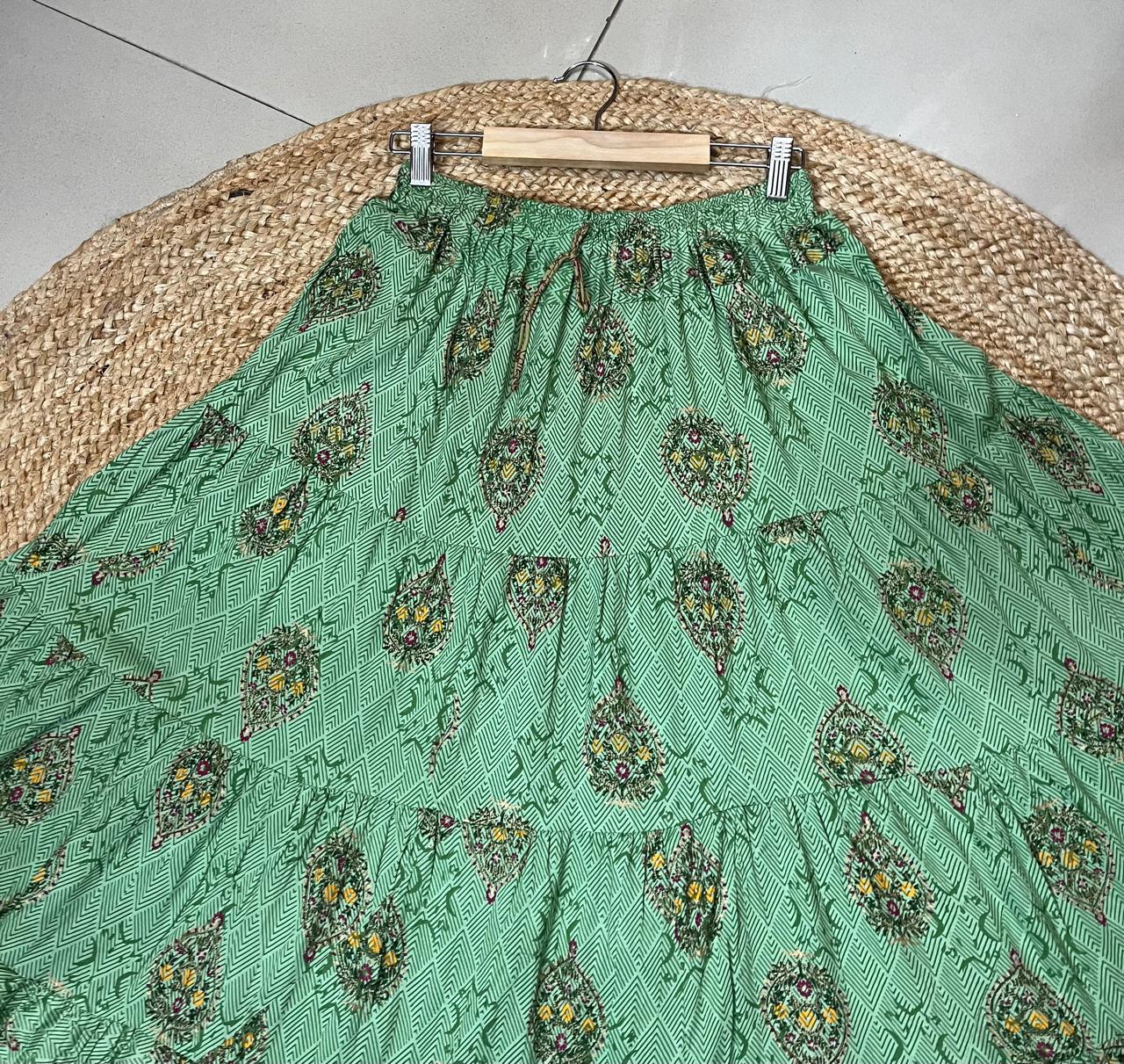 Tiered Cotton Green Kiyara Indian Skirt