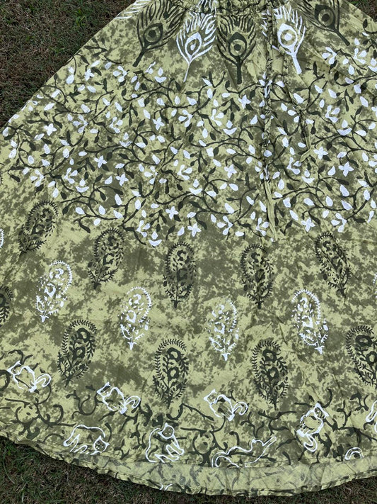 Boho Cotton Printed Green Pihoo Indian Skirt