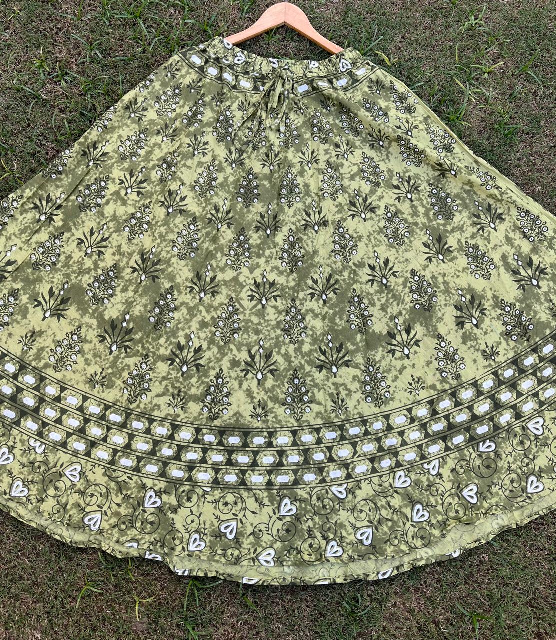 Boho Cotton Printed Green Indian Skirt