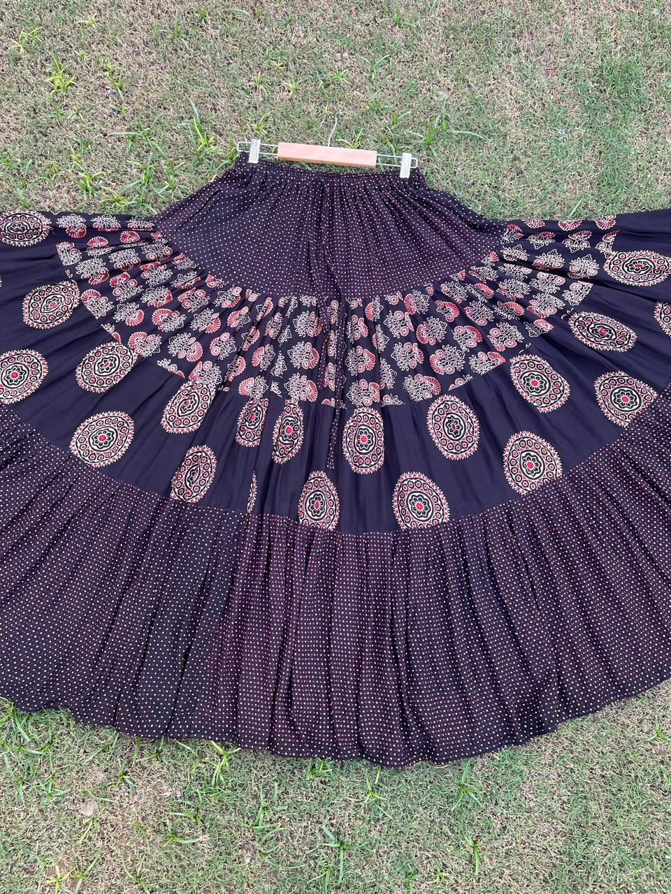 Ajrakh Tiered Rayon Black Radha Indian Skirt