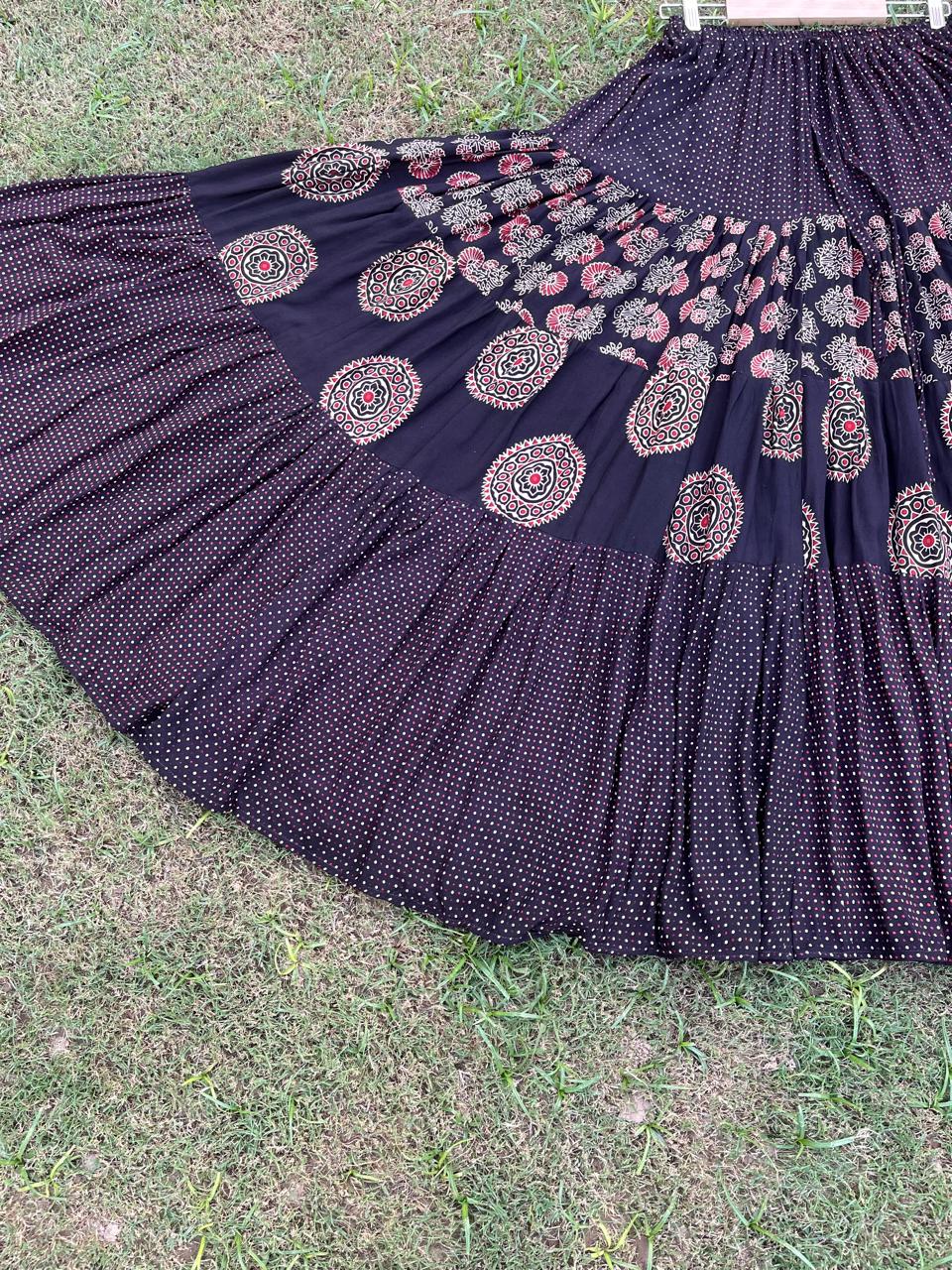 Ajrakh Tiered Rayon Black Radha Indian Skirt