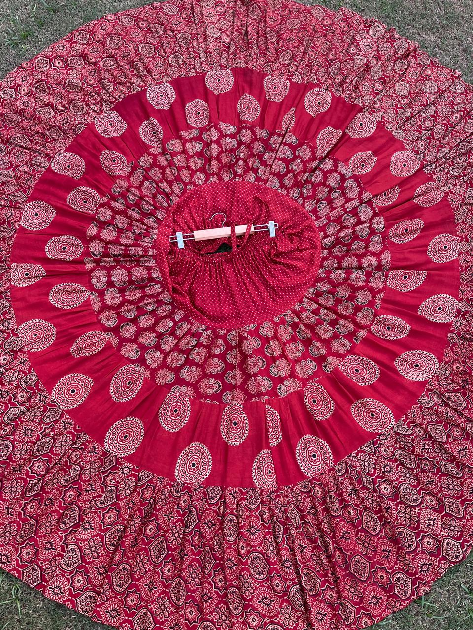 Ajrakh Tiered Rayon Maroon Raashi Indian Skirt