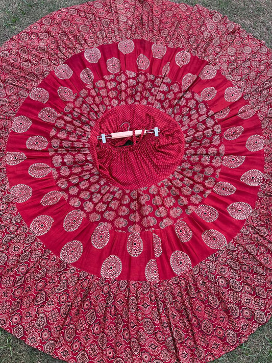 Ajrakh Tiered Rayon Maroon Raashi Indian Skirt