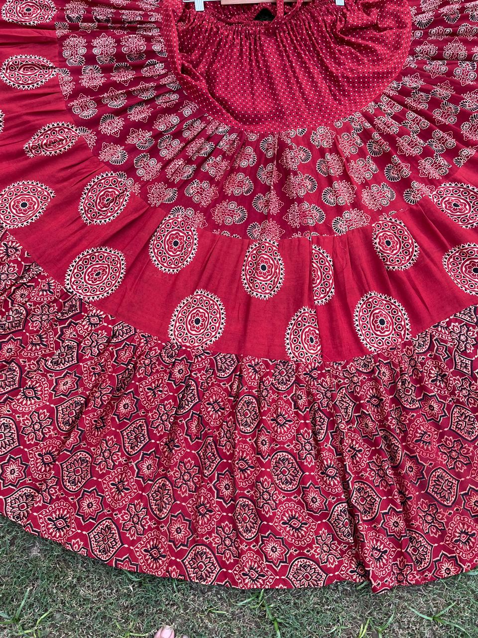 Ajrakh Tiered Rayon Maroon Raashi Indian Skirt