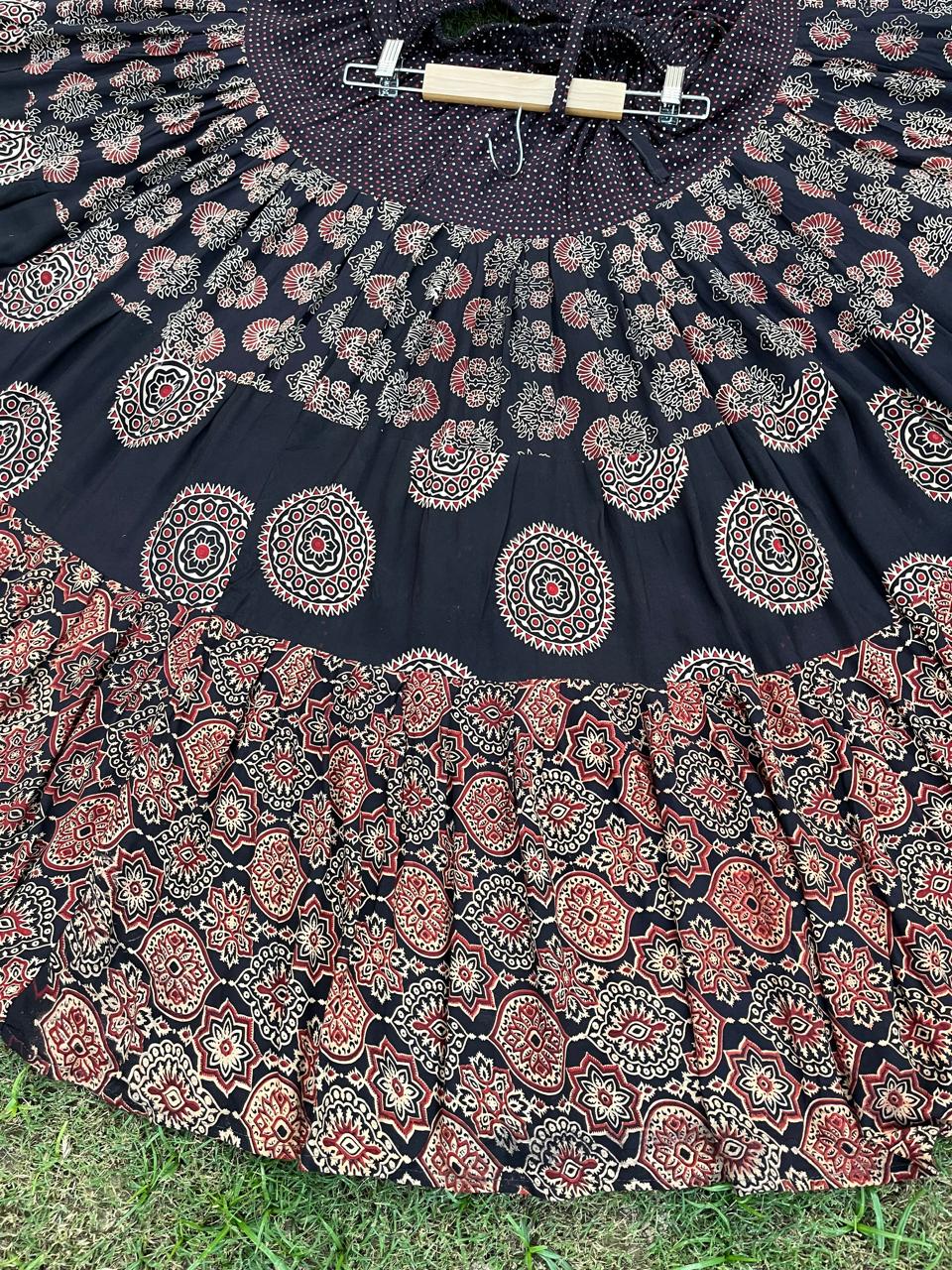 Ajrakh Tiered Rayon Black Dishani Indian Skirt