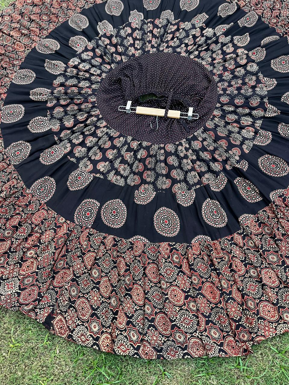 Ajrakh Tiered Rayon Black Dishani Indian Skirt