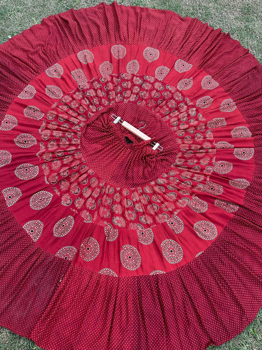 Ajrakh Tiered Rayon Maroon Rakhi Indian Skirt