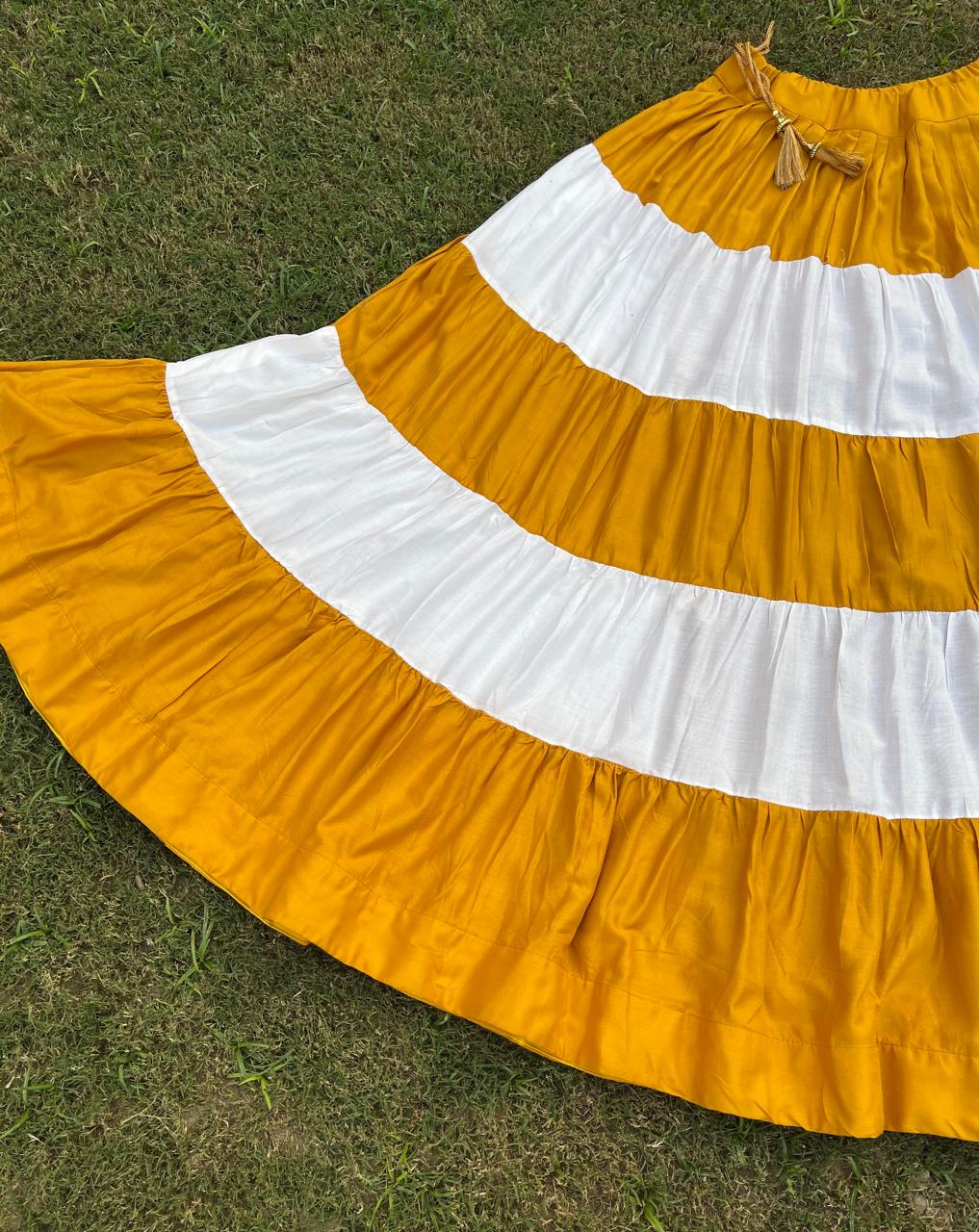 Tiered Rayon Yellow White Mitali Indian Skirt