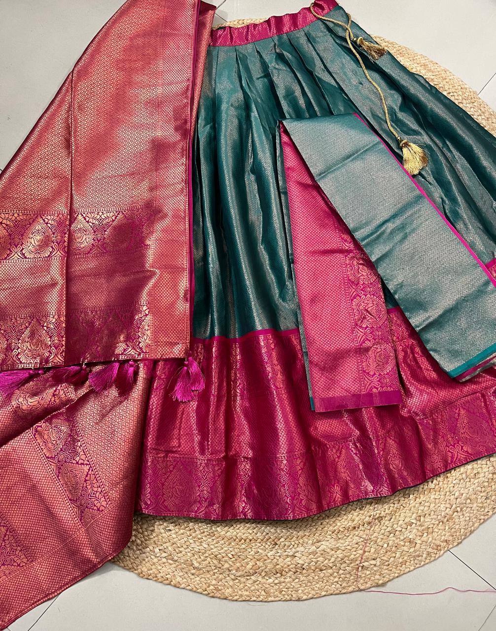 Teal Fuchsia Kanjivaram Pattu Wedding Lehenga