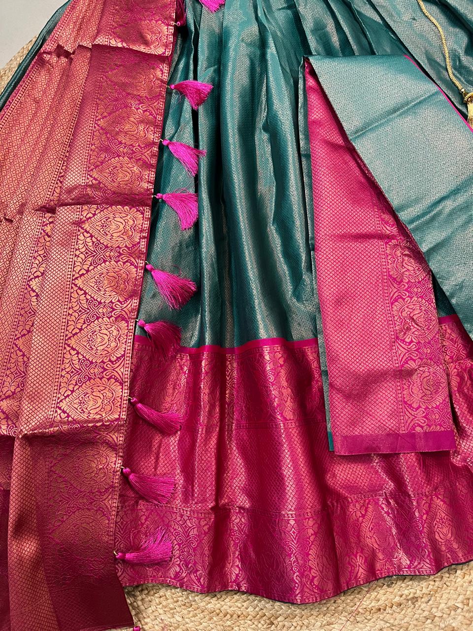 Teal Fuchsia Kanjivaram Pattu Wedding Lehenga