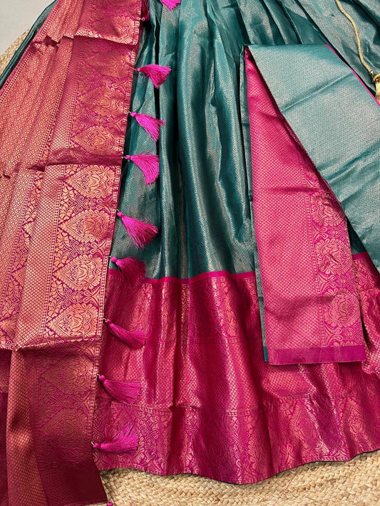 Teal Fuchsia Kanjivaram Pattu Wedding Lehenga