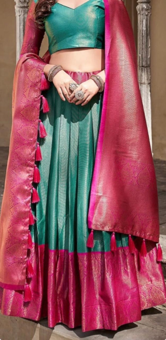 Teal Fuchsia Kanjivaram Pattu Wedding Lehenga