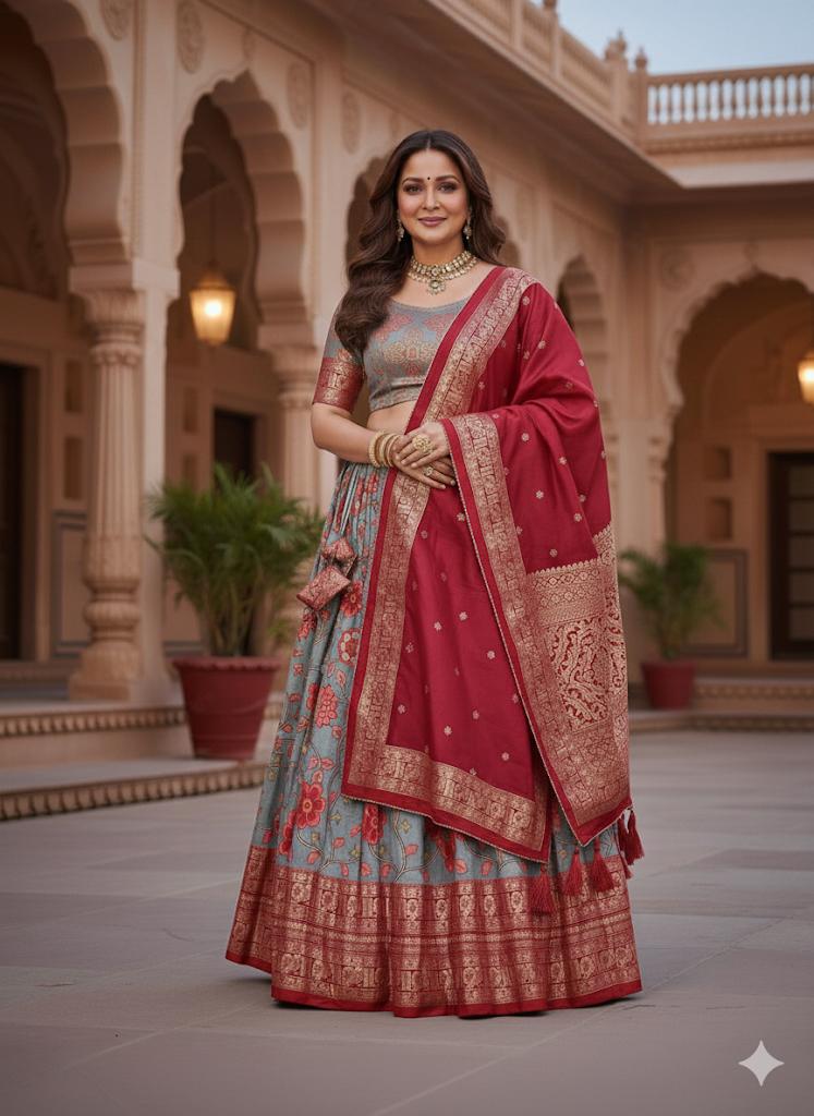 Tussar Red Gray Ruchi Festive Lehenga