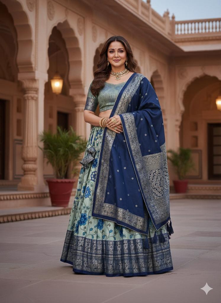Tussar Sage Green Blue Soni Lehenga