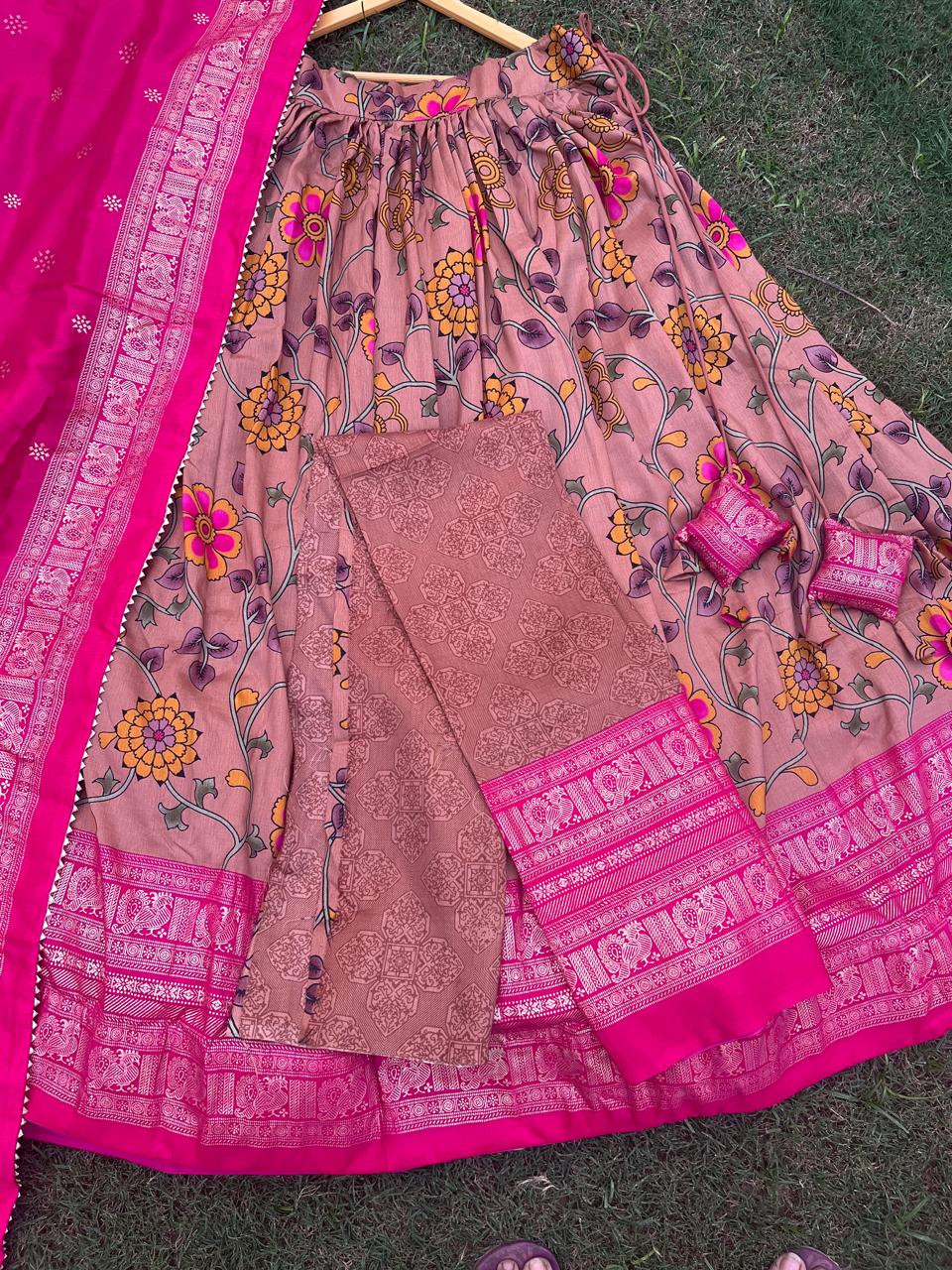 Tussar Fuchsia Beige Rajshree Lehenga