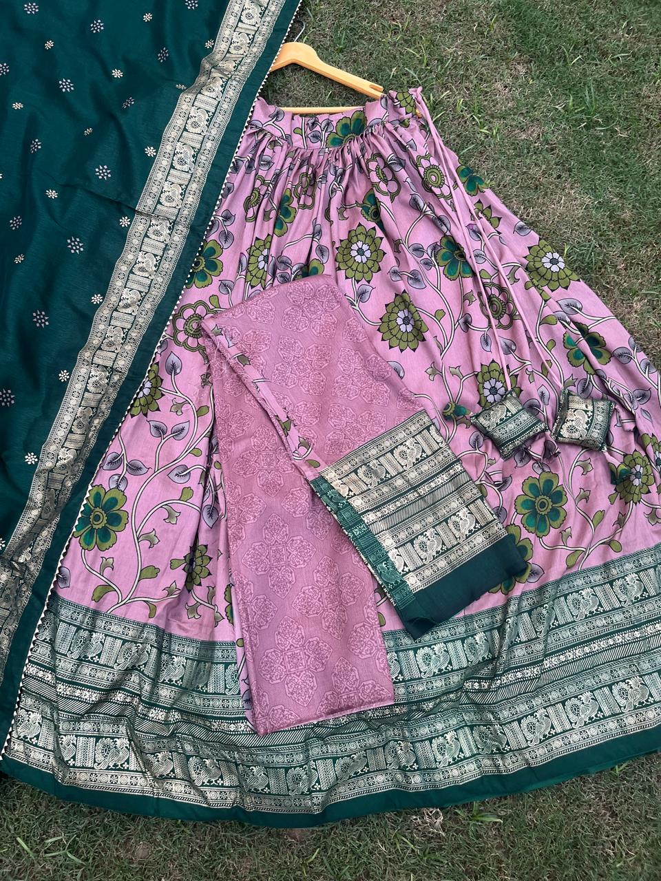 Tussar Onion Pink Green Vrinda Lehenga