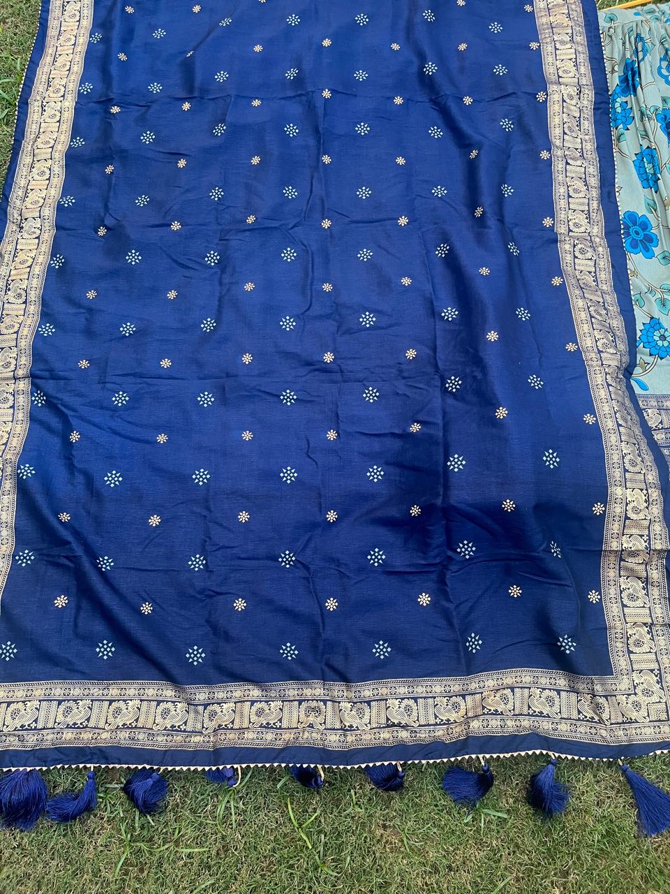 Tussar Sage Green Blue Soni Lehenga