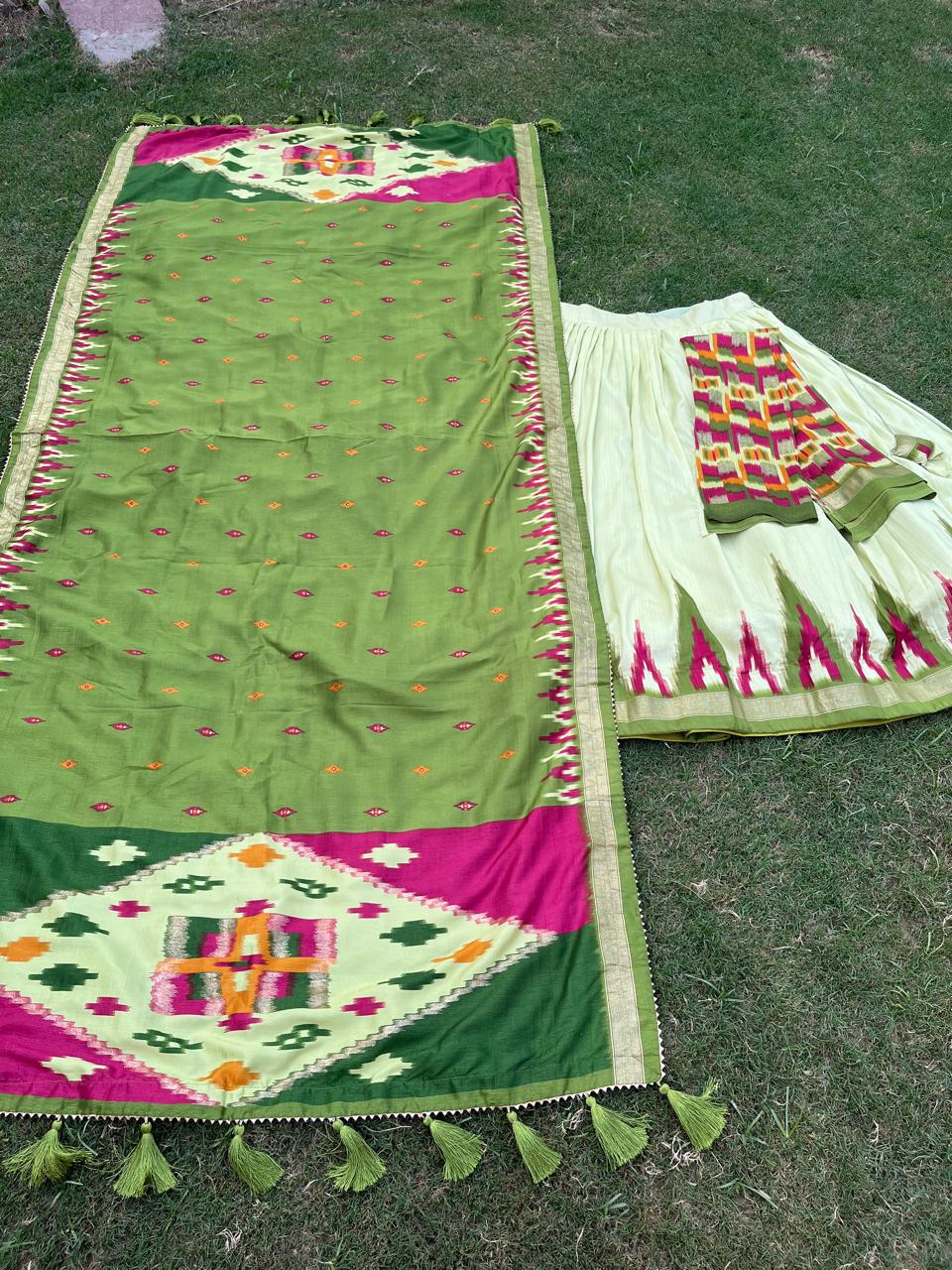 Tussar Silk Green Taru Festive Lehenga