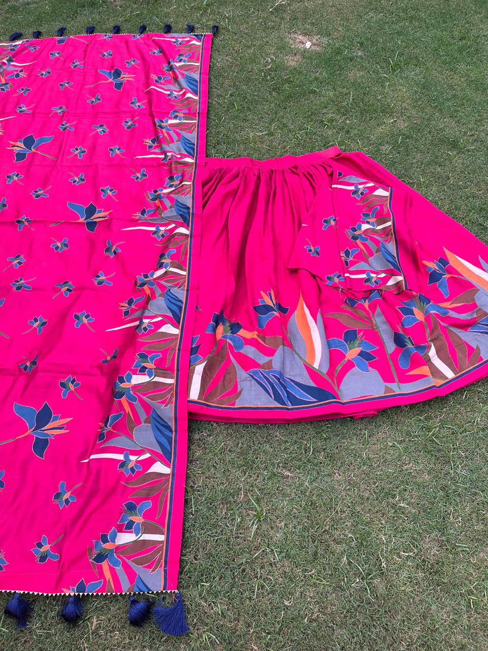 Chanderi Viscose Vinni Hot Pink Printed Lehenga