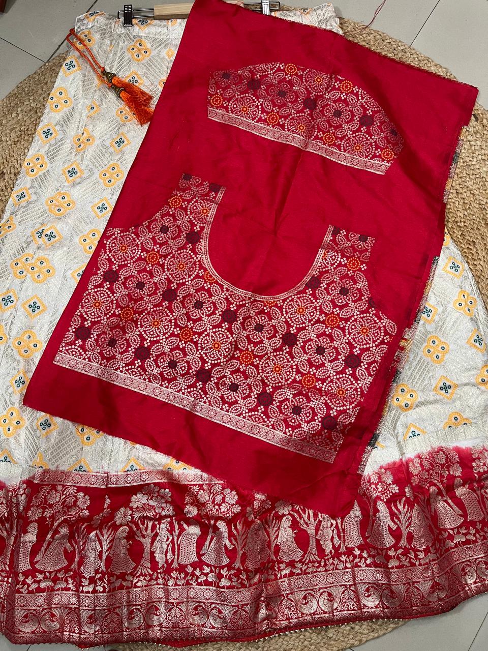 Banarasi Dola Silk Red Cream Wedding Lehenga