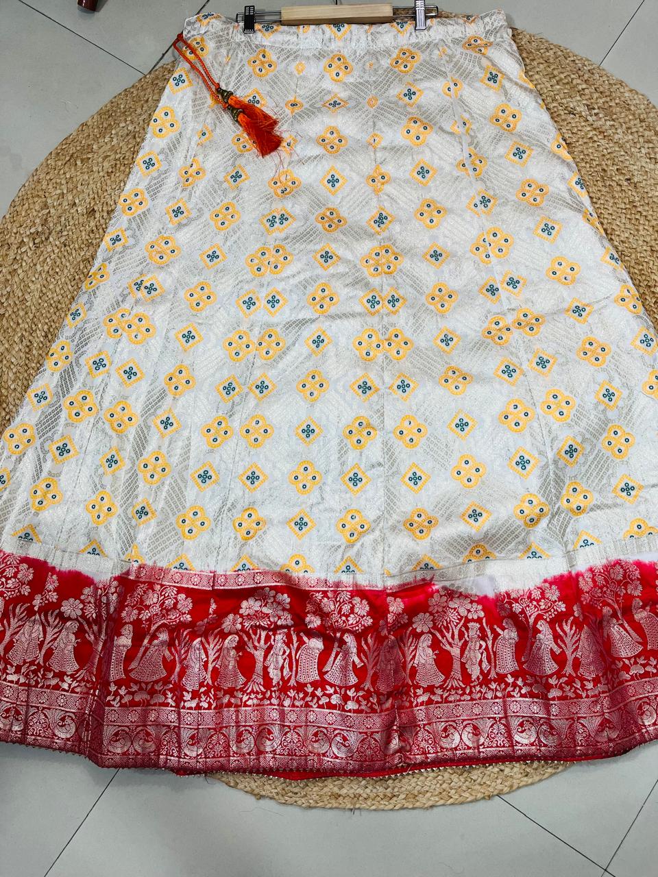 Banarasi Dola Silk Red Cream Wedding Lehenga