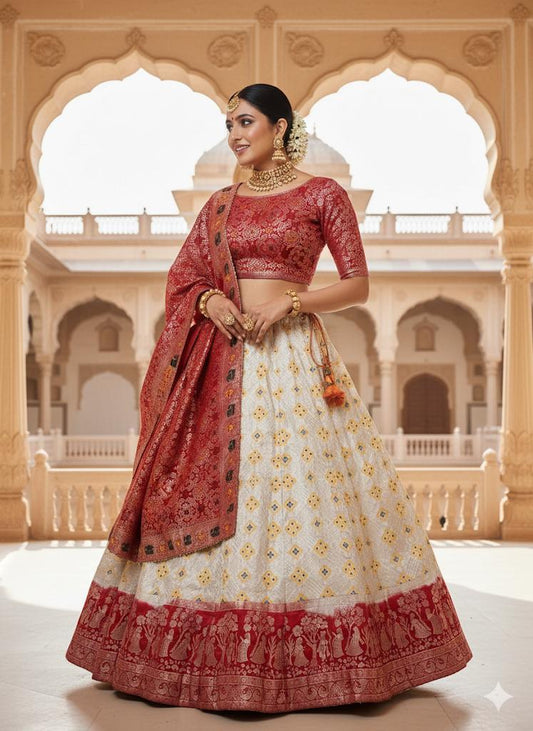 Banarasi Dola Silk Red Cream Wedding Lehenga
