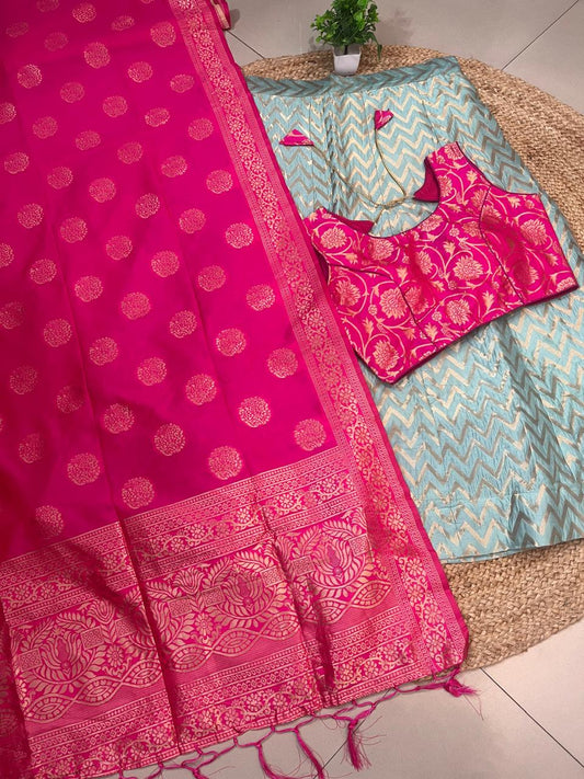 Fuchsia Turquoise Silk Kanchi Festive Lehenga