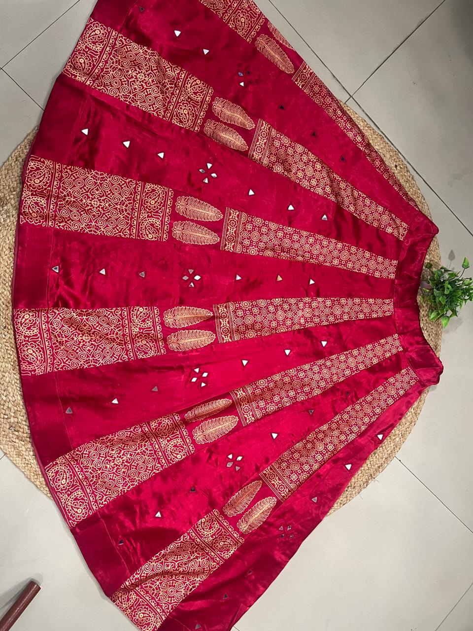 Mashru Silk Red Mirror Kanchi Indian Skirt