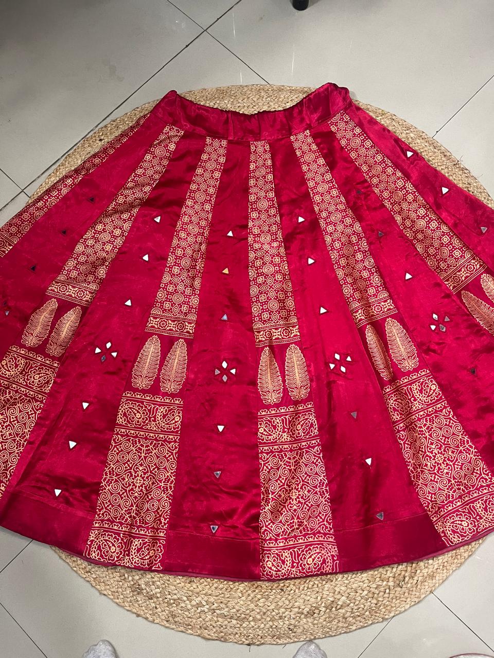 Mashru Silk Red Mirror Kanchi Indian Skirt