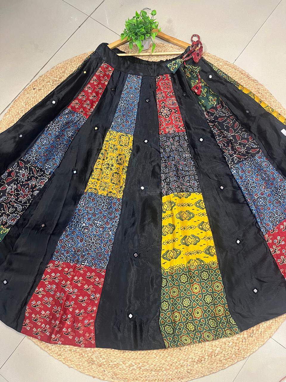 Mashru Silk Black Multi Patch Ajrakh Kashish Indian Skirt Set