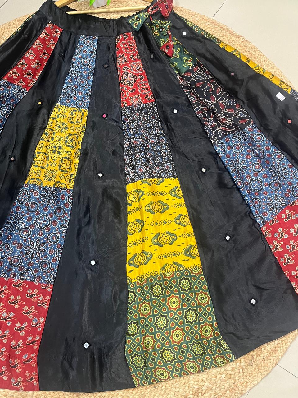 Mashru Silk Black Multi Patch Ajrakh Kashish Indian Skirt Set