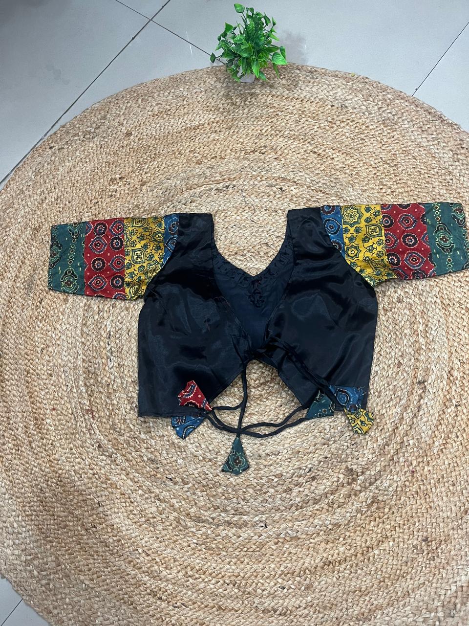 Mashru Silk Black Multi Patch Ajrakh Kashish Indian Skirt Set