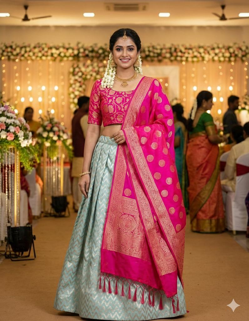 Fuchsia Turquoise Silk Kanchi Festive Lehenga