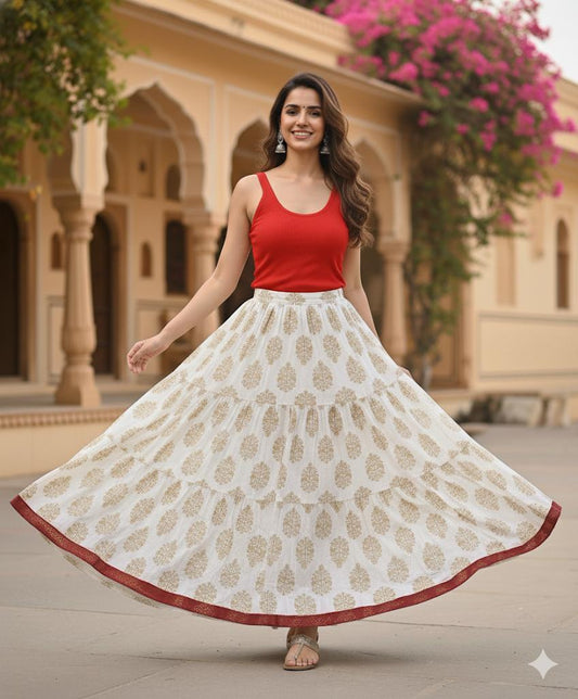 Jaipuri Tiered Cotton White Mahi Indian Skirt