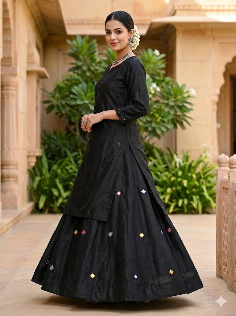 Mashru Silk Black Ruchika Mirror Indian Skirt