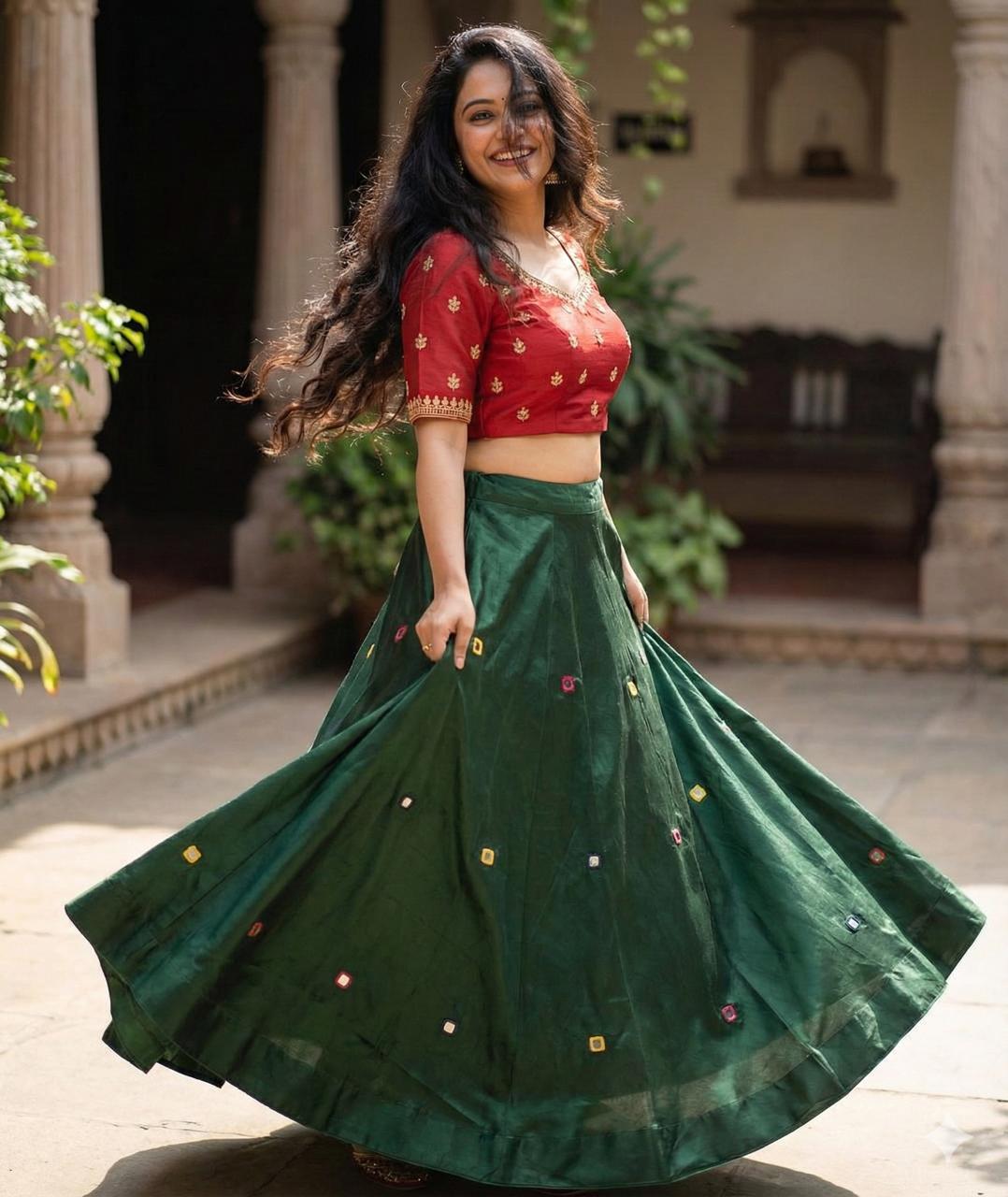 Mashru Silk Green Heer Mirror Indian Skirt