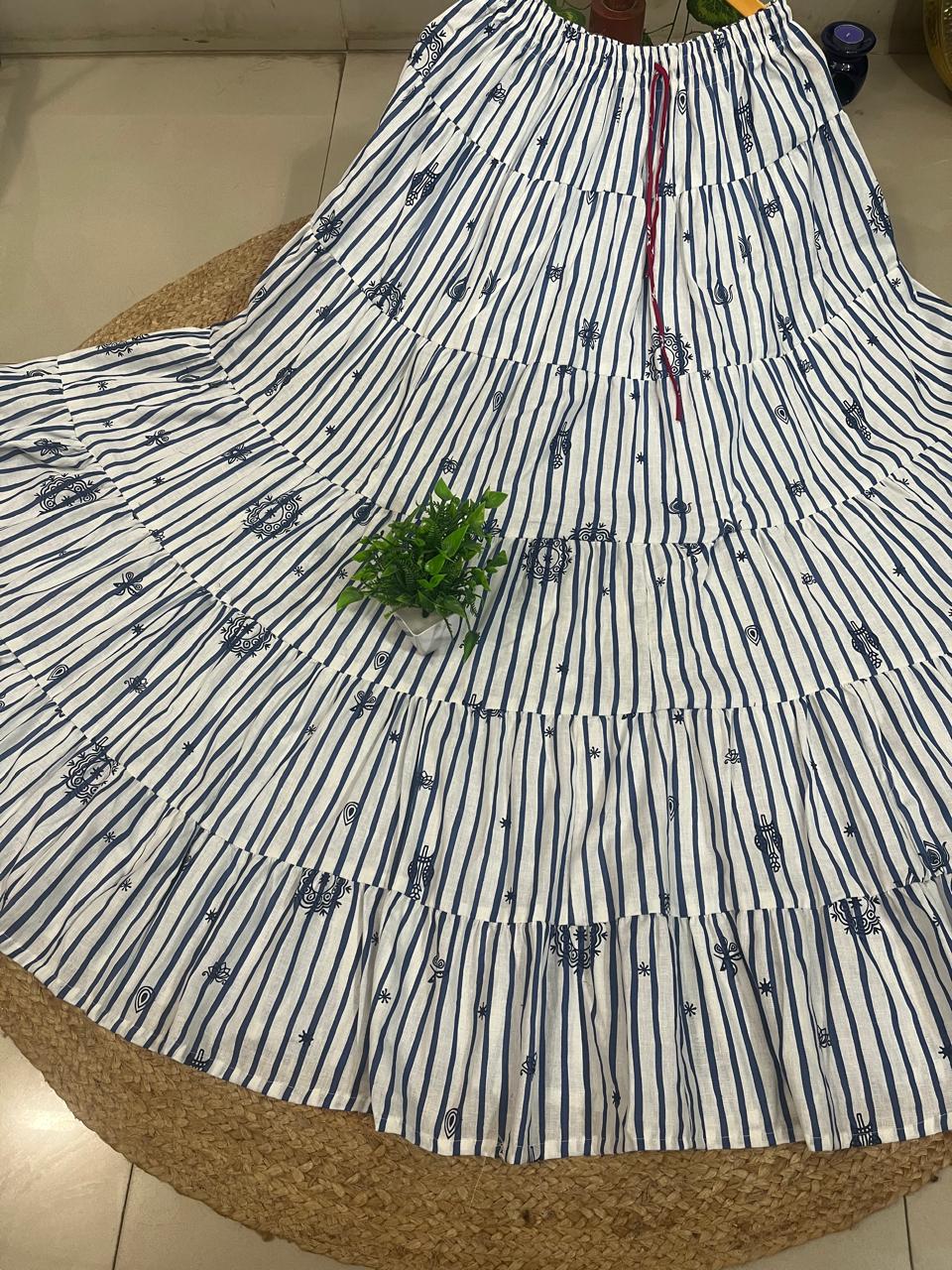 Tiered Cotton White Krishna Indian Skirt