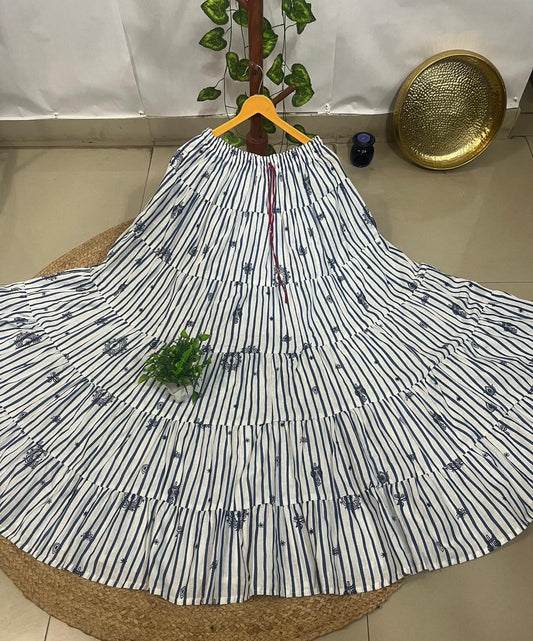 Tiered Cotton White Krishna Indian Skirt