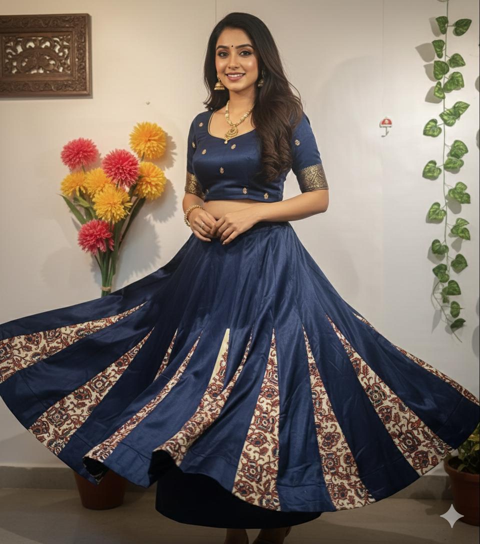 Mashru Silk Blue Panel Ajrakh Kangna Indian Skirt