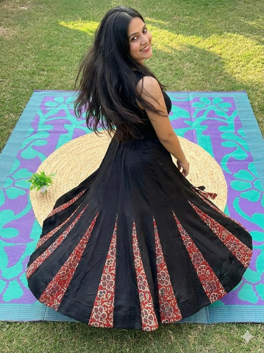 Mashru Silk Black Ajrakh Surili Indian Skirt