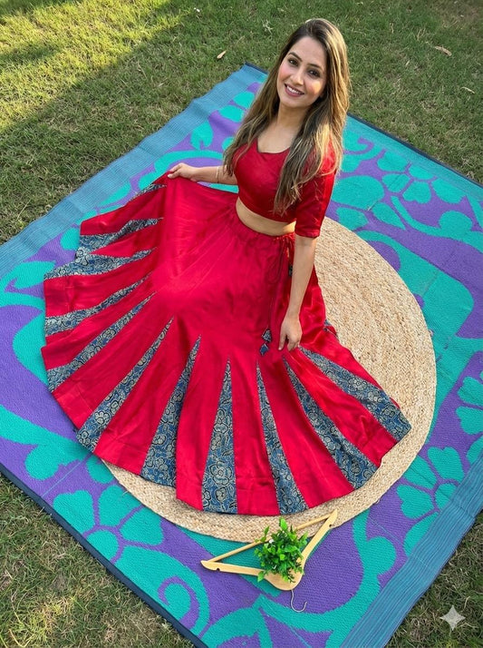 Mashru Silk Red Ajrakh Ruchi Indian Skirt
