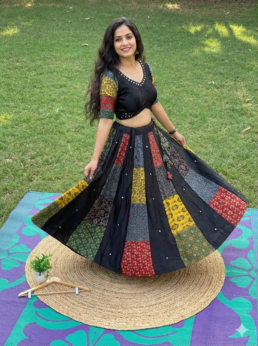 Mashru Silk Black Multi Patch Ajrakh Kashish Indian Skirt Set