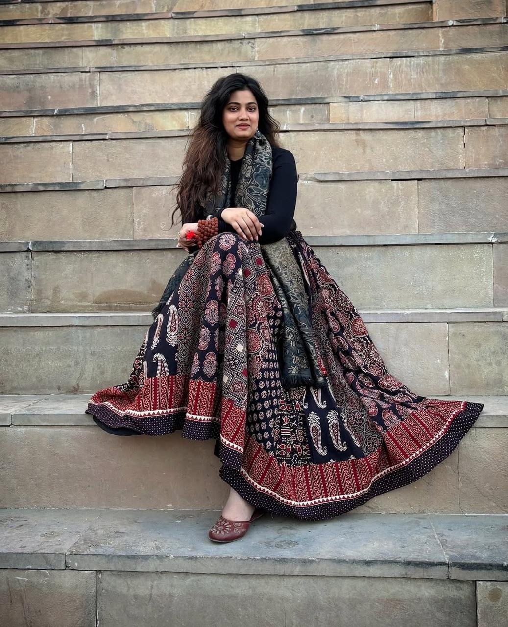 Ajrakh Panel Cotton Black Kajal Indian Skirt