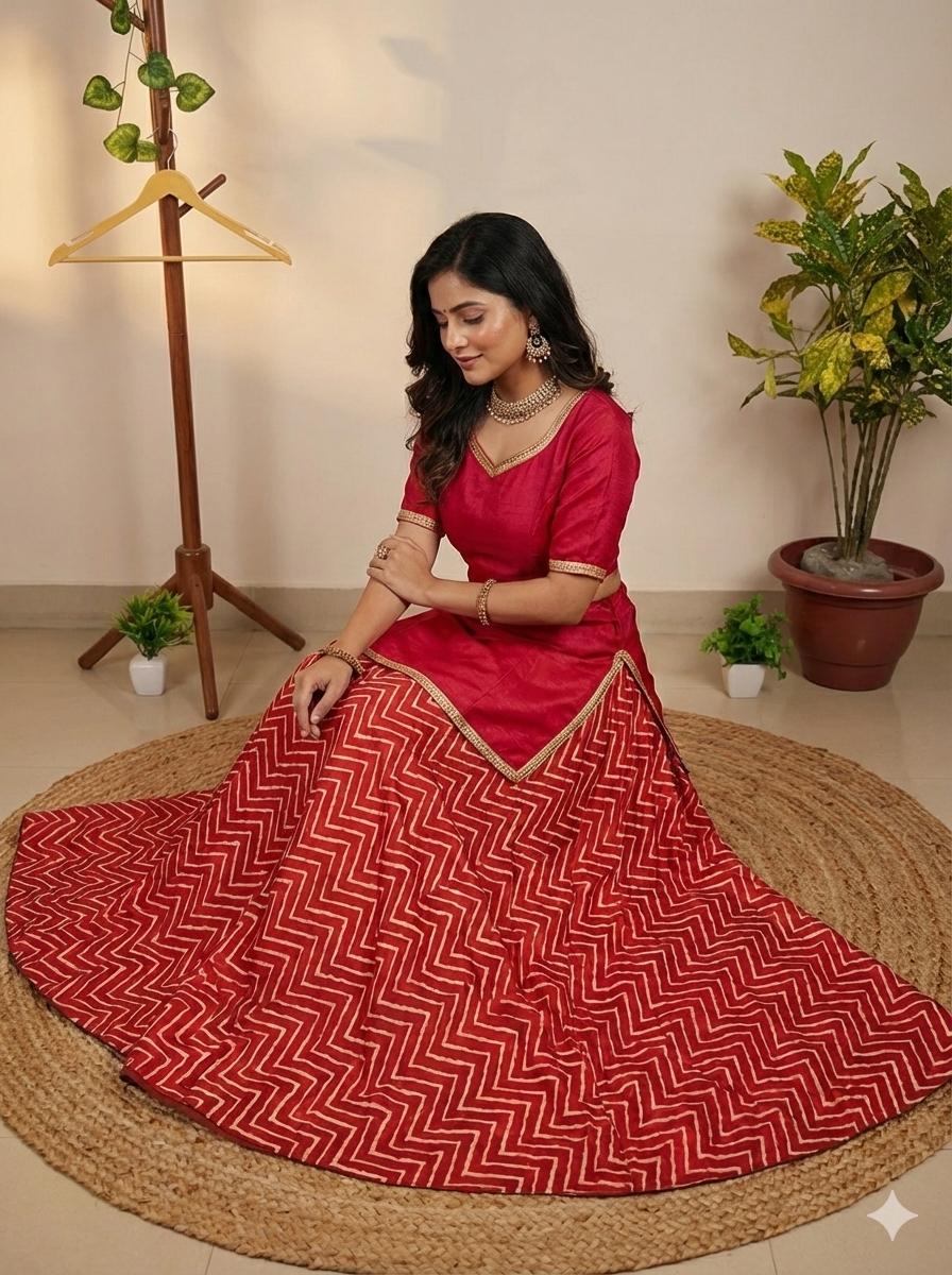 Mashru Silk Red Rupa Indian Skirt