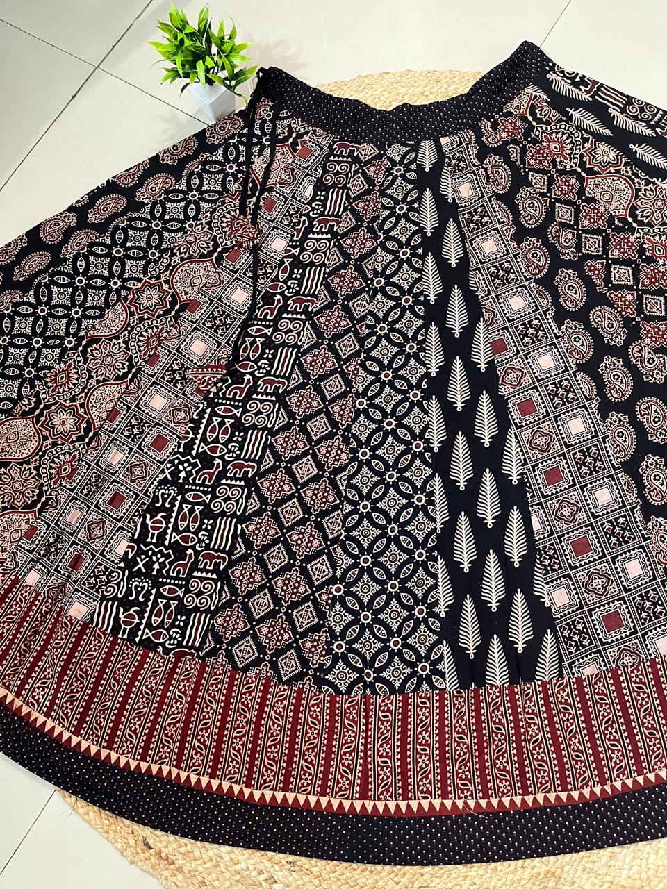 Ajrakh Panel Cotton Black Kajal Indian Skirt