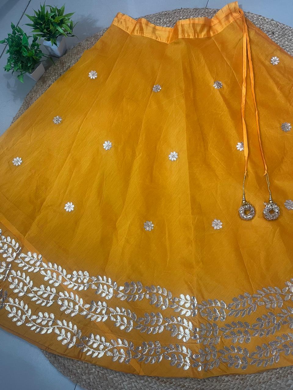 Chanderi Silk Yellow Yasna Gota Patti Indian Skirt