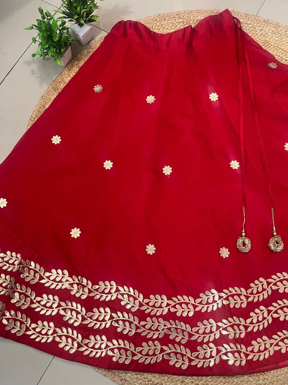 Chanderi Silk Red Paro Gota Patti Indian Skirt