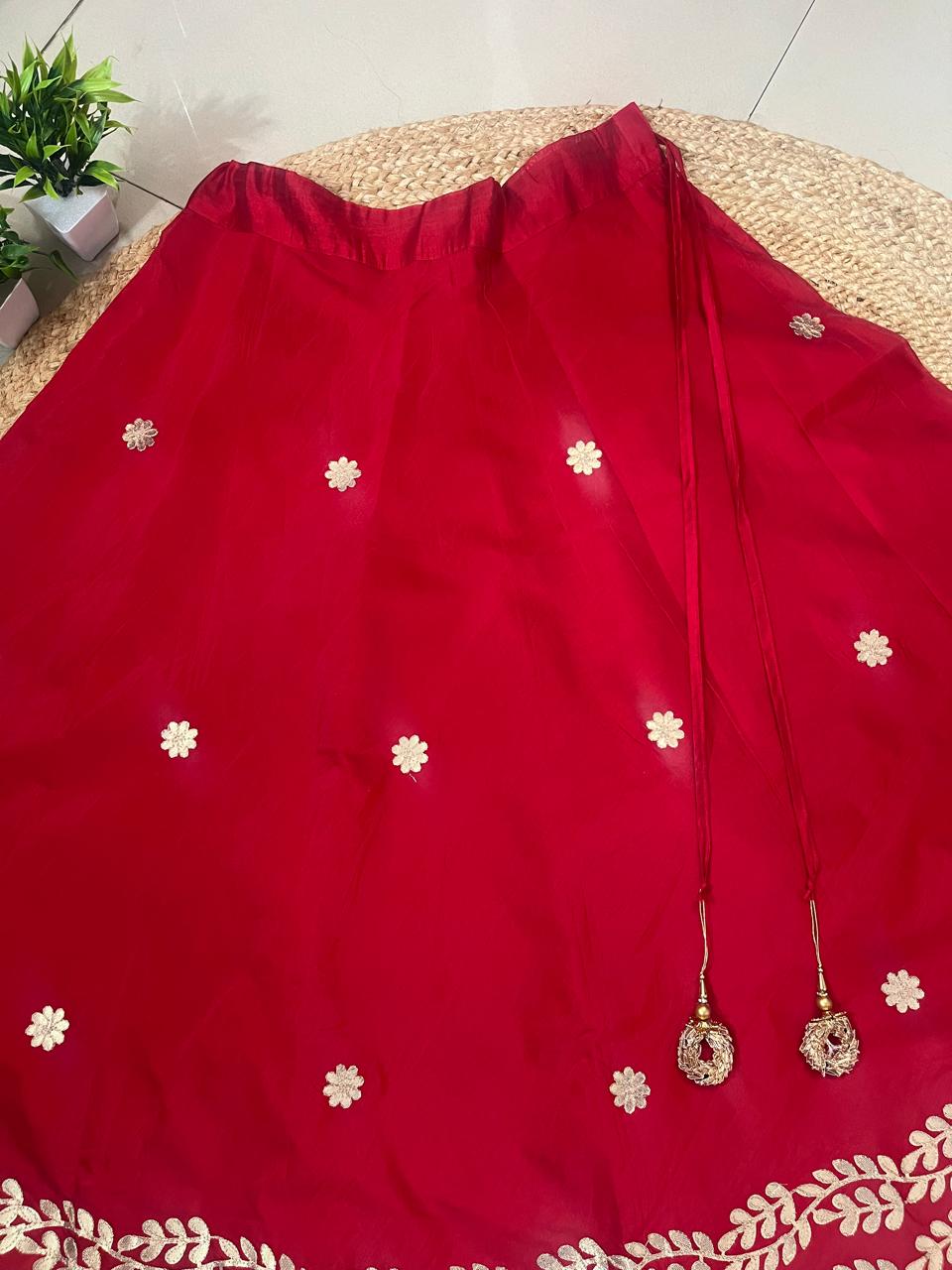 Chanderi Silk Red Paro Gota Patti Indian Skirt