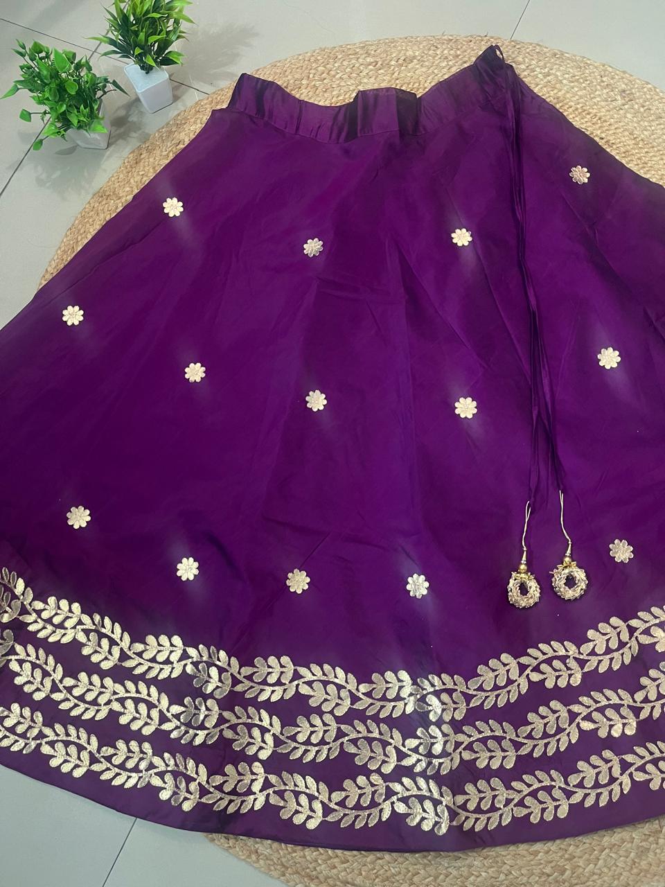 Chanderi Silk Purple Durga Gota Patti Indian Skirt